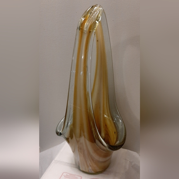 Vintage 15" Stretch Art Glass Basket Vase Browns Swirls Hand Blown Glass - Picture 4 of 9